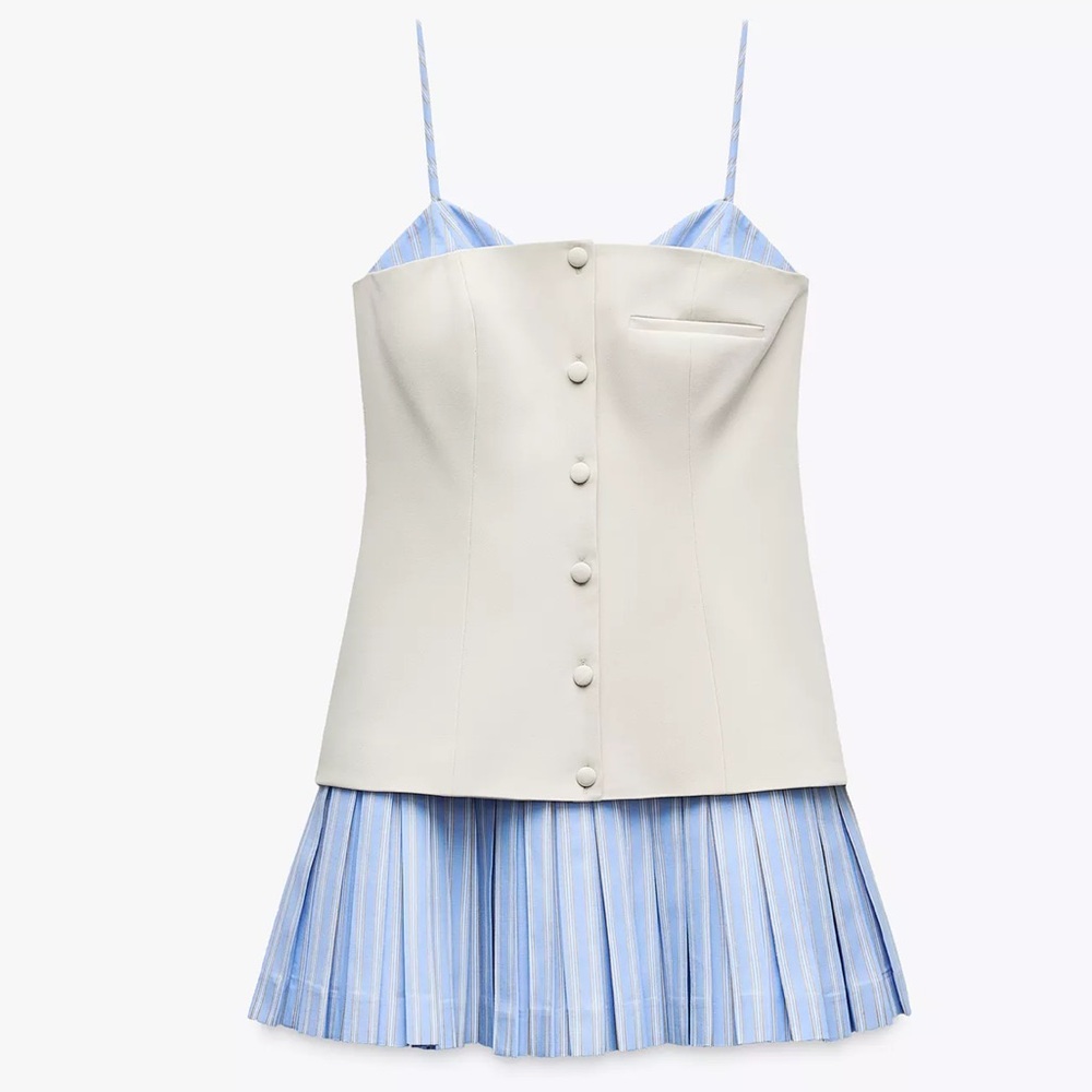 Zara SOLD OUT Blue White Contrast Poplin Mini Dress Coquette Feminine NWT Sz L